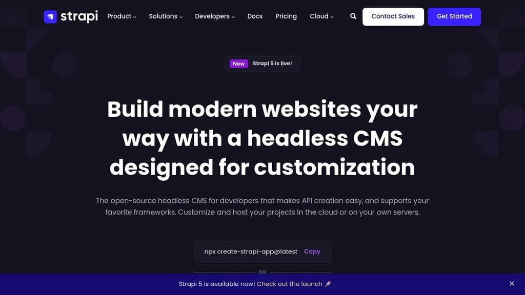 Screenshot of Strapi website