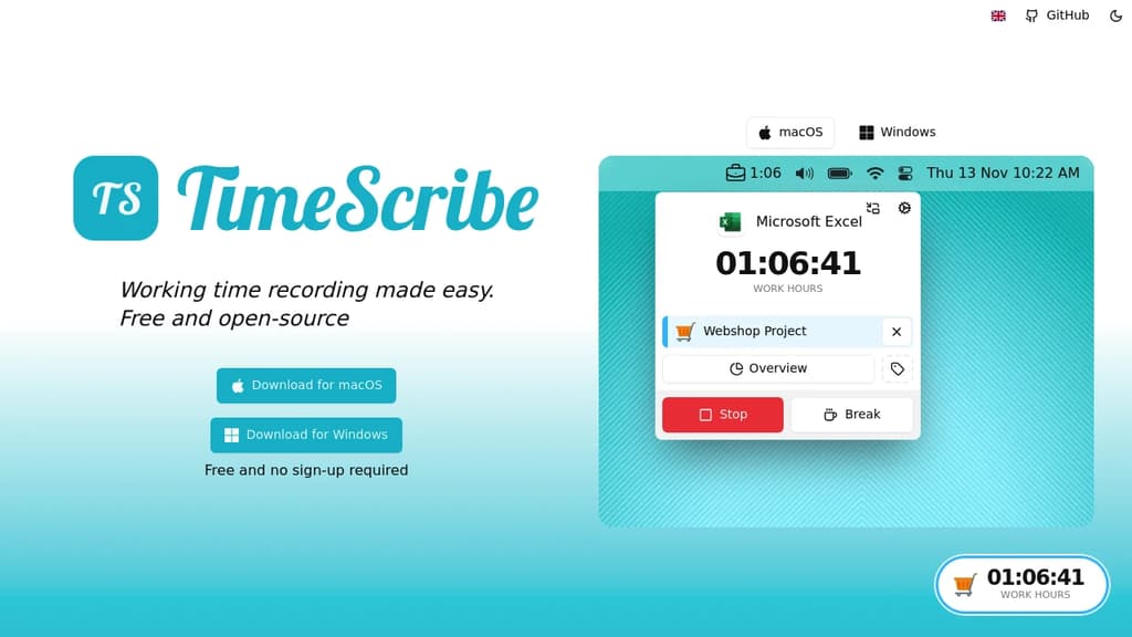 Screenshot of TimeScribe website