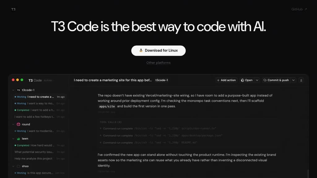 Screenshot of T3 Code website