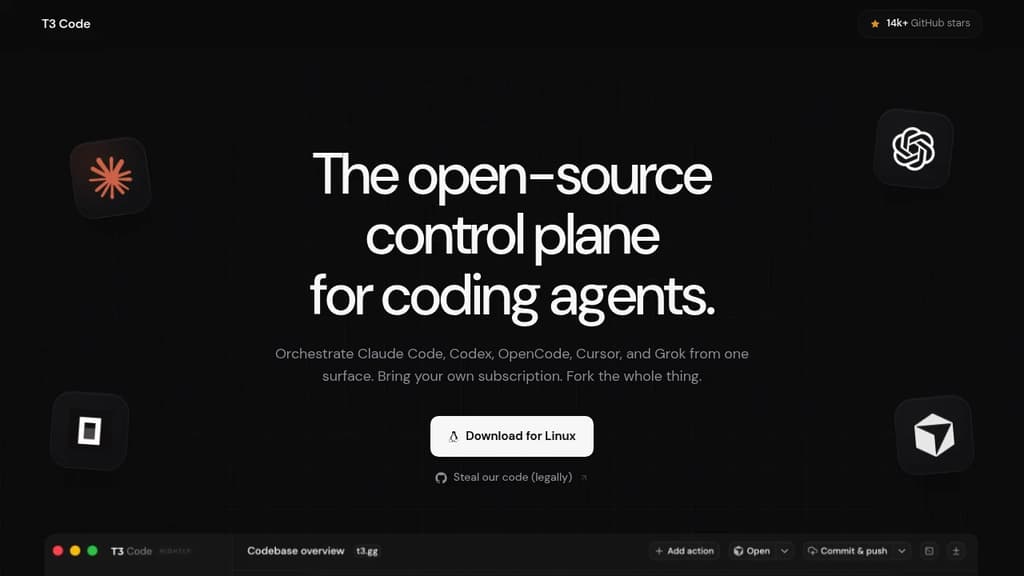 Screenshot of T3 Code website