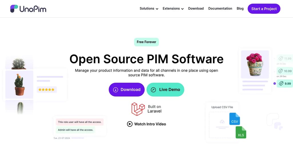 Screenshot of UnoPim website
