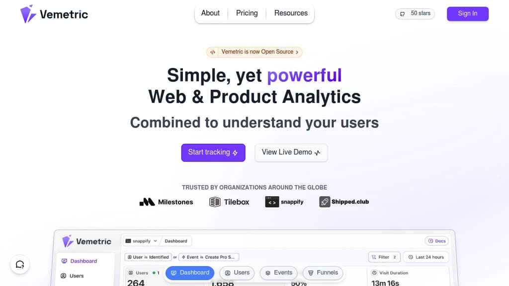 Screenshot of Vemetric website