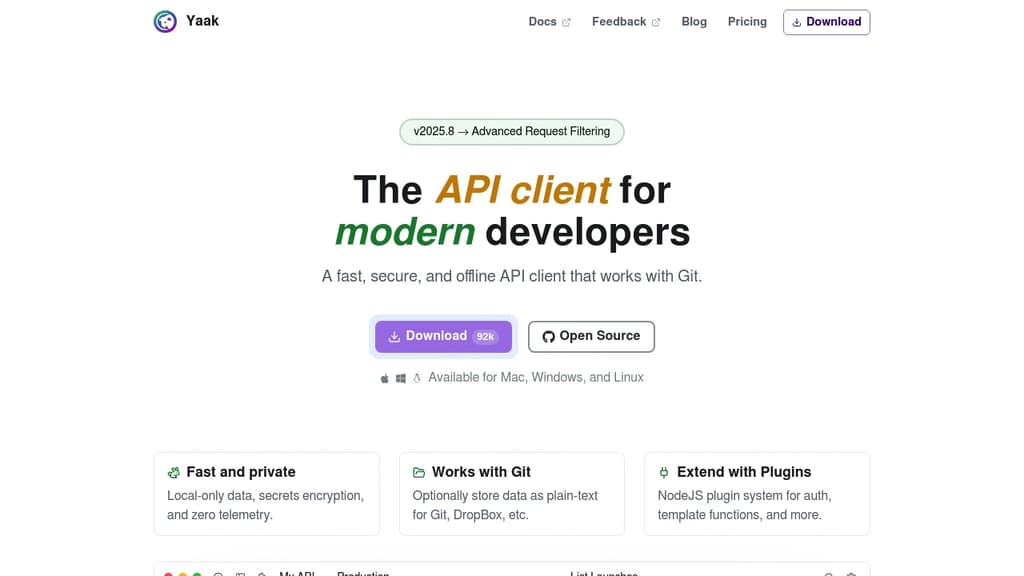 Screenshot of Yaak website