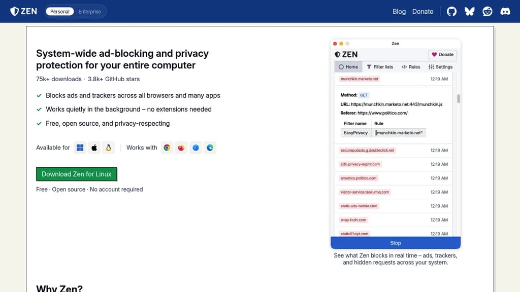 Screenshot of Zen website