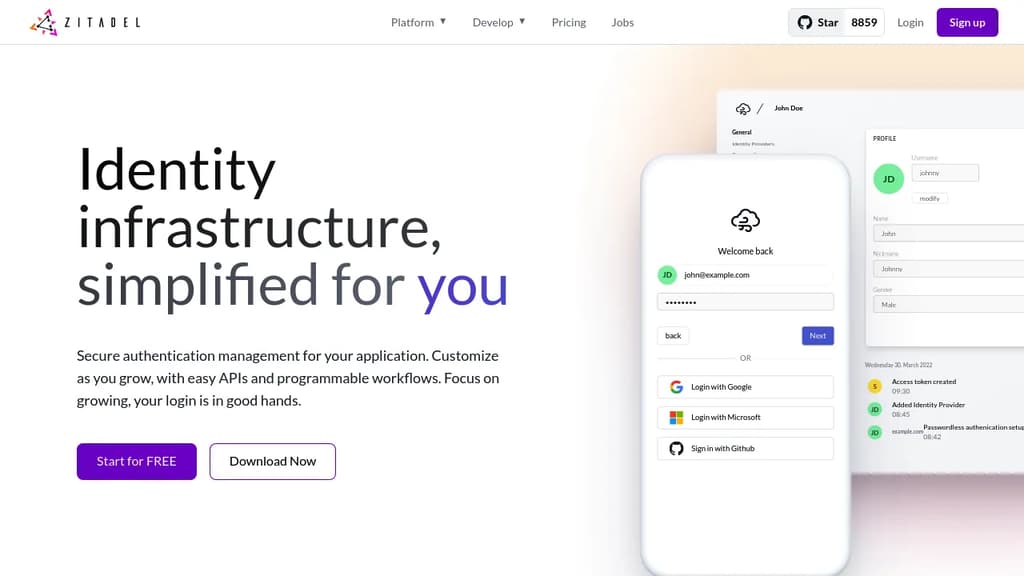 Screenshot of Zitadel website